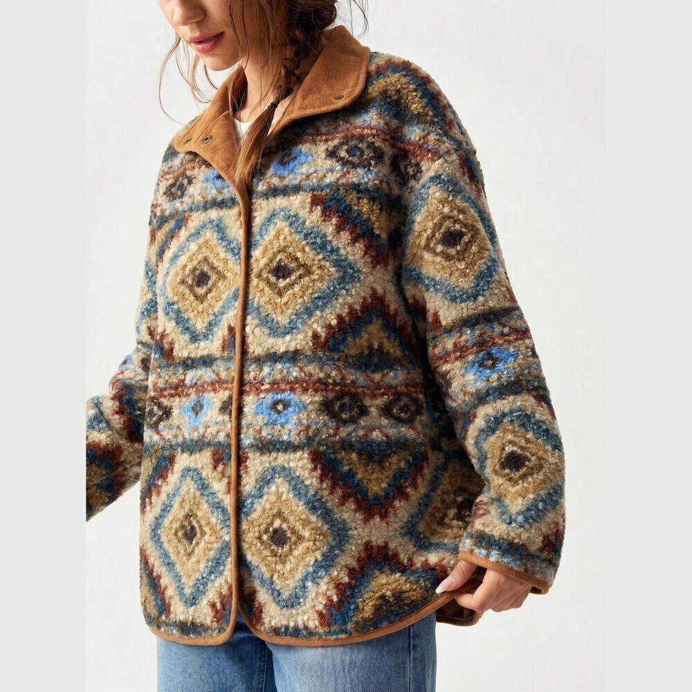 Southwestern Diamond Print Sherpa Fleece Snap Front Jacket with Contrast Trim